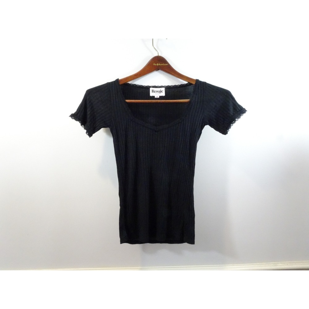 Rouje Paris Giulia Black Ribbed Lace Trim Scoop Neck Top Size 34 Vintage